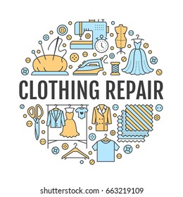 Clothing repair, alterations studio equipment banner illustration. Vector line icon of tailor store services - dressmaking, dress, garment sewing. Clothes atelier circle template with place for text.