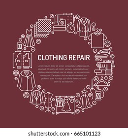 Clothing repair, alterations studio equipment banner illustration. Vector line icon of tailor store services - dressmaking, suit, garment sewing. Clothes atelier circle template with place for text.