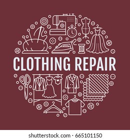 Clothing Repair, Alterations Studio Equipment Banner Illustration. Vector Line Icon Of Tailor Store Services - Dressmaking, Dress, Garment Sewing.