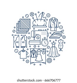 Clothing Repair, Alterations Studio Equipment Banner Illustration. Vector Line Icon Of Tailor Store Services - Dressmaking, Clothes Steaming, Suit Dress, Garment Sewing. Atelier Circle Template.