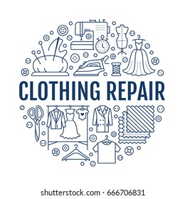 Clothing repair, alterations studio equipment banner illustration. Vector line icon of tailor store services - dressmaking, dress, garment sewing. Clothes atelier circle template with place for text.