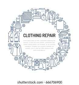 Clothing Repair, Alterations Studio Equipment Banner Illustration. Vector Line Icon Of Tailor Store Services - Dressmaking, Suit, Garment Sewing. Clothes Atelier Circle Template With Place For Text.