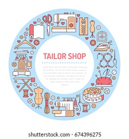 Clothing repair, alterations studio equipment banner illustration. Vector line icon of tailor store services - dressmaking, suit, garment sewing. Clothes atelier circle template with place for text.