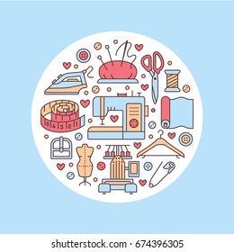 Clothing repair, alterations studio equipment banner illustration. Vector line icon tailor store services - dressmaking, clothes steaming, suit dress, garment sewing. Atelier colored circle template.