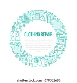 Clothing repair, alterations studio equipment banner illustration. Vector line icon of tailor store services - dressmaking, suit, garment sewing. Clothes atelier circle template with place for text.