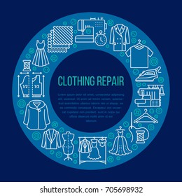 Clothing Repair, Alterations Studio Equipment Banner Illustration. Vector Line Icon Of Tailor Store Services - Dressmaking, Suit, Garment Sewing. Clothes Atelier Circle Template With Place For Text.