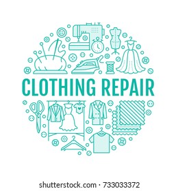 Clothing repair, alterations studio equipment banner illustration. Vector line icon of tailor store services - dressmaking, dress, garment sewing. Clothes atelier circle template with place for text.