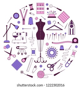 Clothing repair atelier icons. Sewing and dressmaking equipment, handcraft supplies icon set for tailor shop. Tailoring and sewing craft vintage card or print pattern stylized in circle shape.