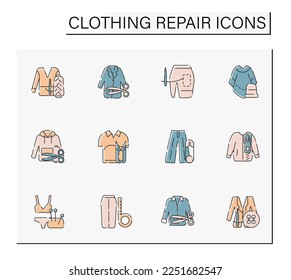 Clothing repair color icons set. Correct and trim length. Fashion concept. Isolated vector illustrations