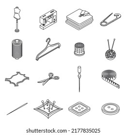 Clothing repair icons set. Isometric set of clothing repair vector icons thin line outline on white isolated