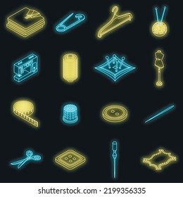 Clothing repair icons set. Isometric set of clothing repair vector icons neon color on black