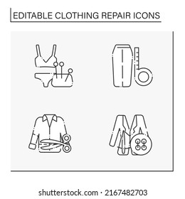 Clothing repair line icons set. Correct and trim length in women underwear, midi skirt, blazer and oversized shirt. Fashion concept. Isolated vector illustrations. Editable stroke