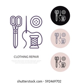 Clothing repair service line logo. Tailor store flat sign, illustration of scissors, needle and buttons. Hand made linear icon.