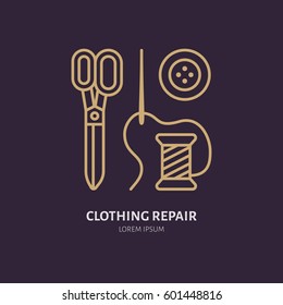 Clothing repair service line logo. Tailor store flat sign, illustration of scissors, needle and buttons. Hand made linear icon.