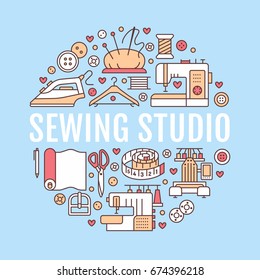 Clothing repair, sewing studio equipment banner illustration. Vector line icon of tailor store services - dressmaking, dress, garment. Clothes atelier circle template with place for text.