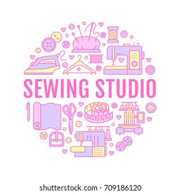 Clothing repair, sewing studio equipment banner illustration. Vector line icon of tailor store services - dressmaking, dress, garment sewing. Clothes atelier circle template with place for text