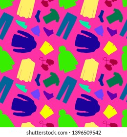 Clothing seamless pattern icons shirt, shoes, pants, hoodie, sneakers, shorts, underwear, dress, skirt, jacket, coat, socks. Modern vector illustration