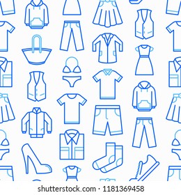 Clothing seamless pattern with thin line icons: shirt, shoes, pants, hoodie, sneakers, shorts, underwear, dress, skirt, jacket, coat, socks. Modern vector illustration.