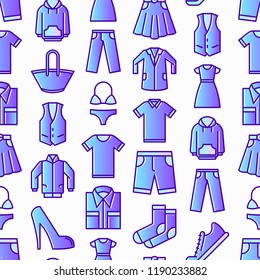 Clothing seamless pattern with thin line icons: shirt, shoes, pants, hoodie, sneakers, shorts, underwear, dress, skirt, jacket, coat, socks. Modern vector illustration.