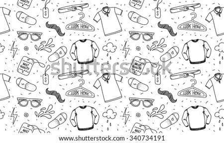 Clothing seamless texture. Pattern. Background for store, shop or package. Black and white pattern with t-shirt, polo, glasses. Hipster style