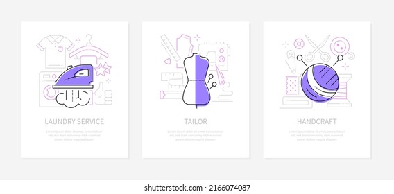 Clothing and services - line design style banners set with place for text. Laundry, tailor, handcraft illustrations. Ironing and washing machine, mannequin, clew and sewing items. Repair shop idea