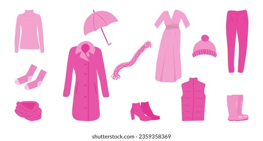 Clothing set. Autumn trendy clothing pink color. Outerwear, shoes and accessories pink doll. Vector flat illustration.