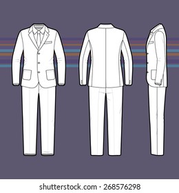 Clothing set. Blank template of a men's suit in front, back and side views. Casual style. Vector illustration for your fashion design. 