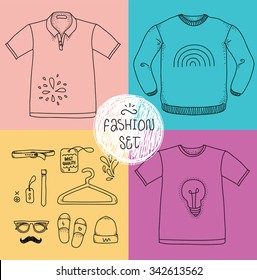 Clothing set. Blank t-shirt, polo, jacket, and accessories . Casual style. Vector illustration for your fashion design.
