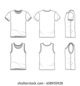 Conjunto de roupas. Modelos vetoriais em branco de t-shirt branca e colete. Ilustração de moda. Design de linha de arte.