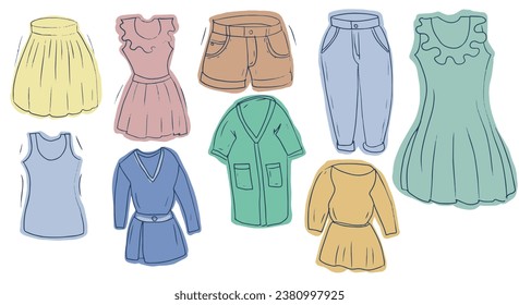 clothing set hand drawn sketch doodle coloring, jeans, trousers. dress, shorts, T-shirt, skirt outfit elements separately on a white background wardrobe shopping