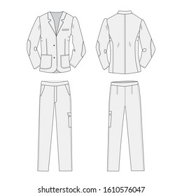 Clothing set sketch. Men's suit pants and a jacket. Front and back view. Sketch in a flat style. Men's clothes vector illustration.