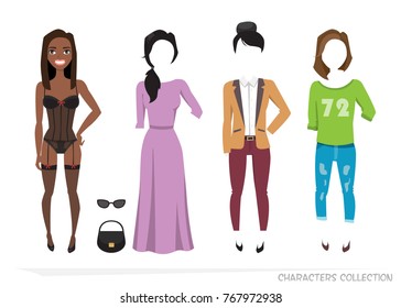Clothing sets for black african american female. Constructor of the character. Creating a character style. Different types of attire for woman. Cartoon style.