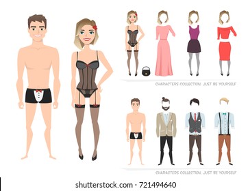 Clothing sets for female and male. Constructor of the character. Creating a character style. Different types of attire for woman and man. Cartoon style.