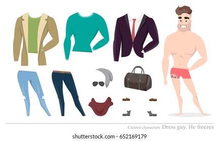 Clothing sets for men. Constructor of the character. Creating a character style. Different types of attire for a guy. Cartoon style.