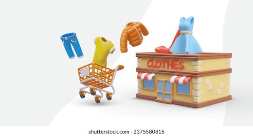 Clothing and shoe store. 3D house with realistic items of men and women clothing, shopping cart. Color advertising concept. Template for promotions, holiday discounts