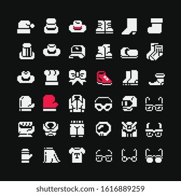 Clothing shoes and accessories icons set. Design for logo game, sticker, web, mobile app, badges and patches. Isolated pixel art vector illustration. Game assets 1 bit sprite.