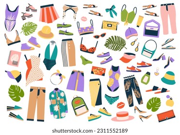Ropa, zapatos, accesorios vectores para el verano