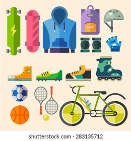 Clothing and shoes for active recreation. Equipment for sports. Extreme and team sport. Summer vacation.  Vector flat illustration