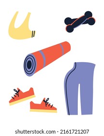 Clothing, shoes and equipment for sports. Tight tracksuit and fitness equipment. Dumbbell pad for light weight training. Illustration in the style of flat and contour graphics.