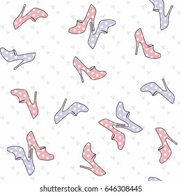 clothing shoes heel women pink and blue dots on a white background with grey hearts seamless vector pattern