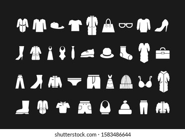 Clothing and shoes icon set. Vector strong black and white illustration.