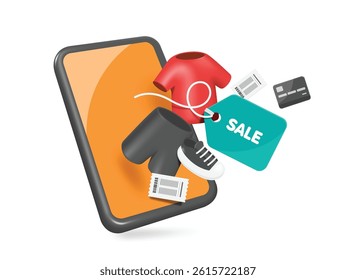 Clothing, Shoes and Label sale floating in the air on the smartphone screen After paying online with a credit card, vector 3d isolated on white background for online shopping concept design