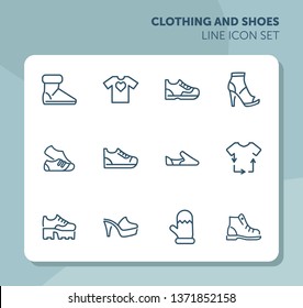 Clothing and shoes line icon set. Set of line icons on white background. T-shirt, shoe, boot. Fashion concept. Vector illustration can be used for topics like dressing, fashion, style