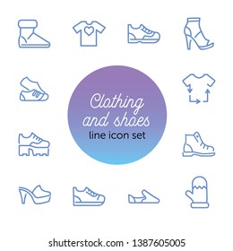 Clothing and shoes line icon set. Set of line icons on white background. T-shirt, shoe, boot. Fashion concept. Vector illustration can be used for topics like dressing, fashion, style
