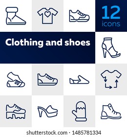 Clothing and shoes line icon set. Set of line icons on white background. T-shirt, shoe, boot. Fashion concept. Vector illustration can be used for topics like dressing, fashion, style