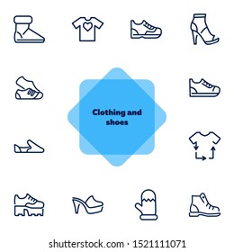 Clothing and shoes line icon set. Set of line icons on white background. T-shirt, shoe, boot. Fashion concept. Vector illustration can be used for topics like dressing, fashion, style