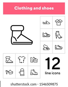 Clothing and shoes line icon set. Set of line icons on white background. T-shirt, shoe, boot. Fashion concept. Vector illustration can be used for topics like dressing, fashion, style