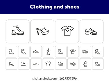 Clothing and shoes line icon set. Set of line icons on white background. T-shirt, shoe, boot. Fashion concept. Vector illustration can be used for topics like dressing, fashion, style