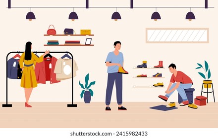 Clothing shop. Shop assistant bringing sneakers for customers. Female character choosing jackets oh hangers. Retail store with different footgear, bags. Fashionable products vector