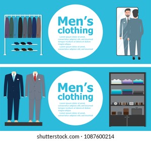 Clothing shop interior banners with shopping people. Vector illustration in flat style.